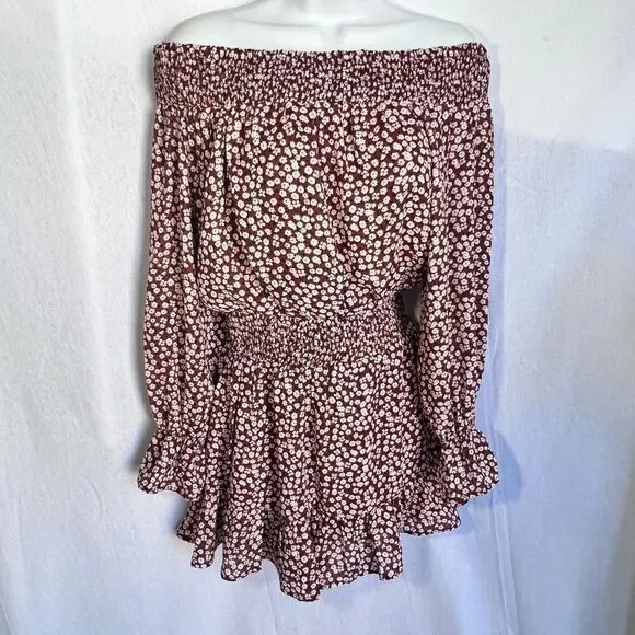 Falling Love Women's Brown Off The Shoulder Ruffle Cinched Waist Romper Size Sma - Picture 2 of 8